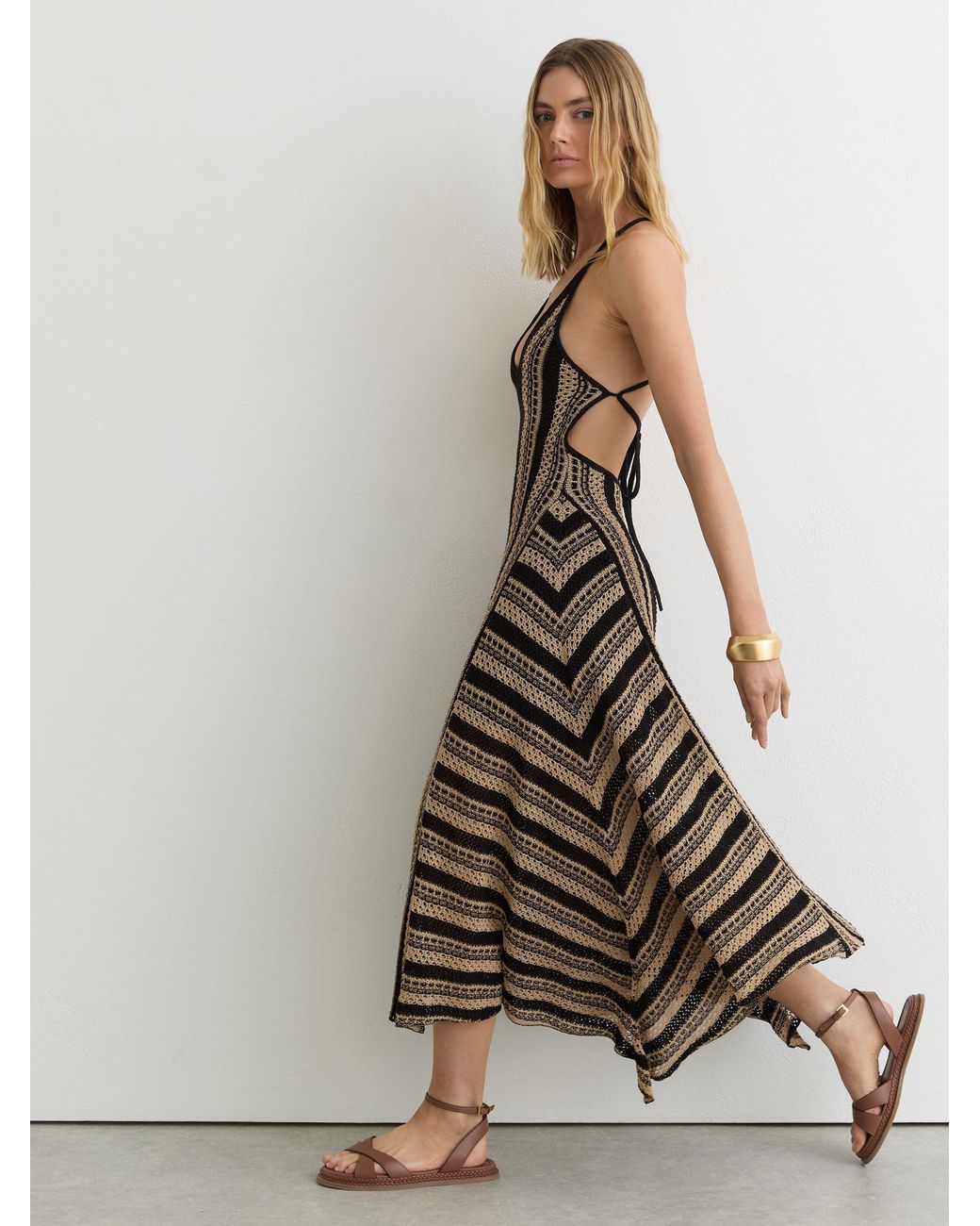 Reiss Natural Neutral Stripe Crochet-Knit Tie-Back Maxi Dress