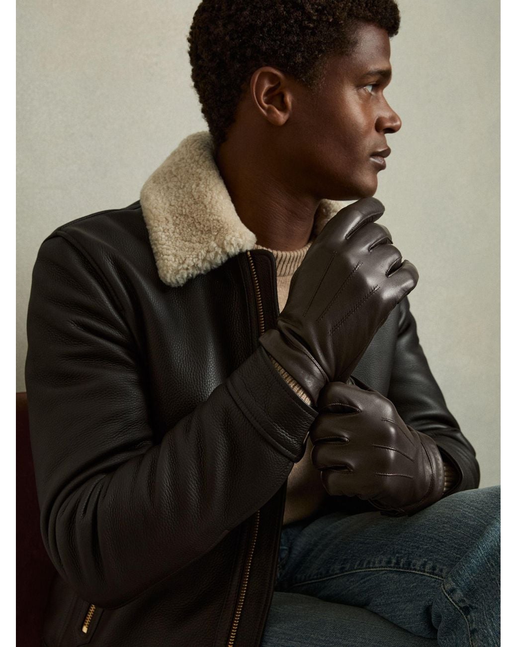 Reiss Black Monty Gloves Leather Plain for men