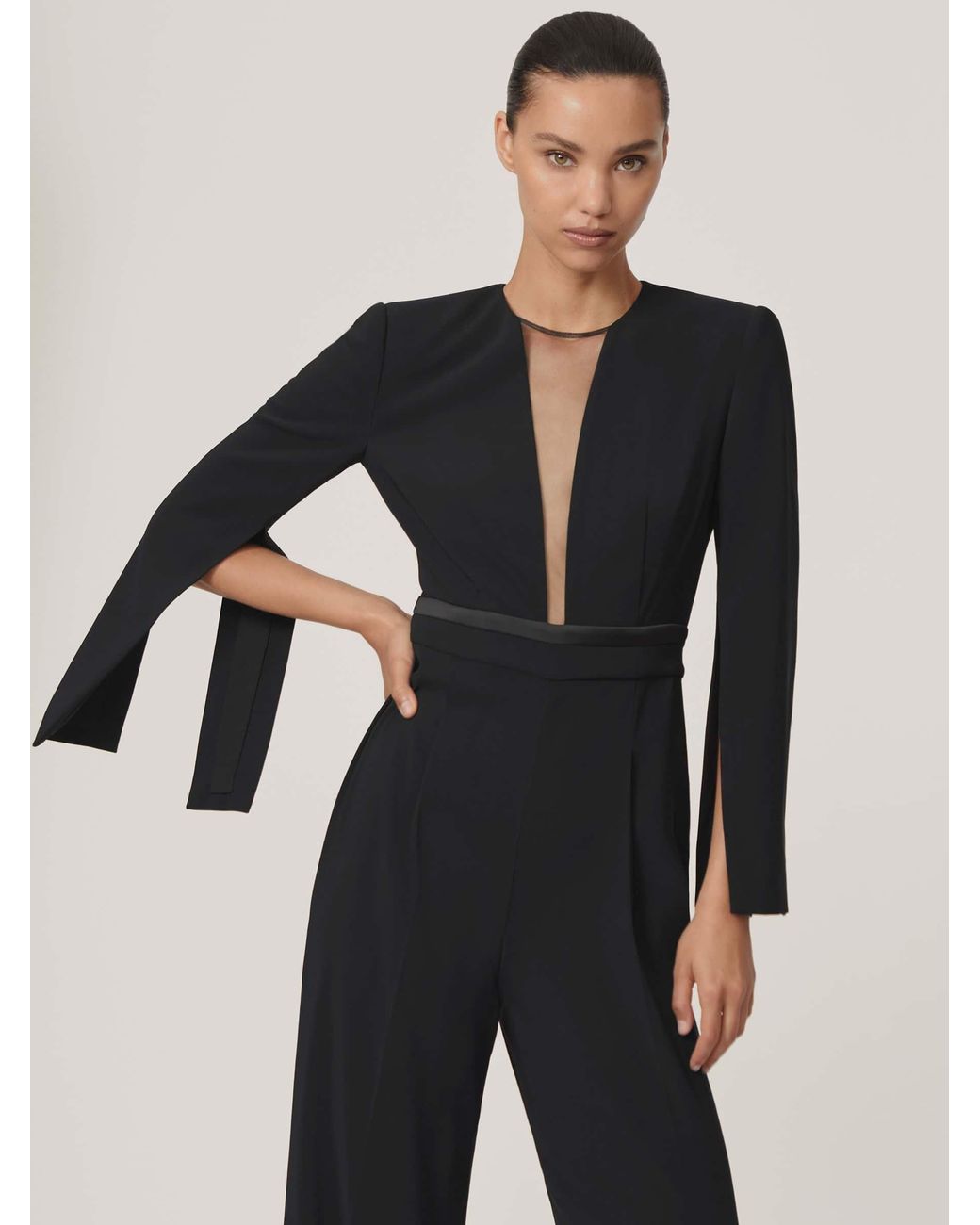 Reiss White Plunge-Neck Split-Sleeve Jumpsuit
