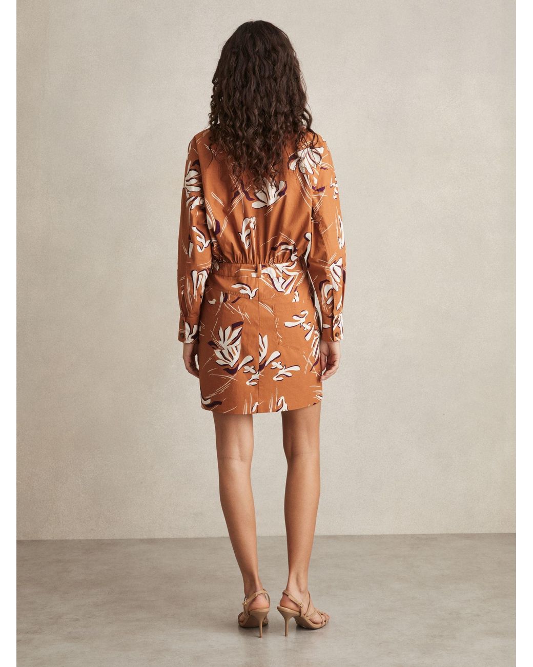 Reiss Brown Valia - Rust Cotton Printed Shirt Dress, Us 0