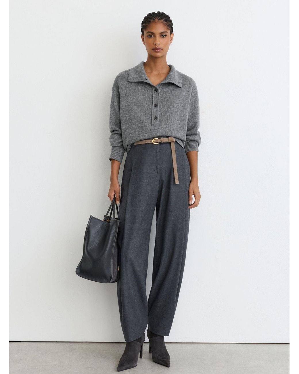 Reiss Gray Wool-Cashmere Half-Button Jumper
