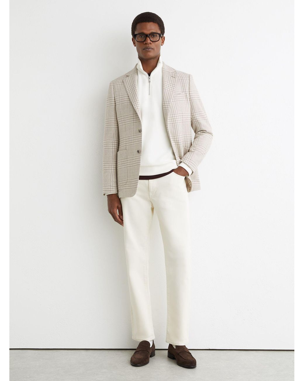 Reiss Natural Bardo - Soft Grey Cotton And Wool Single-breasted Blazer Classic-fit In Check, Us 44 for men