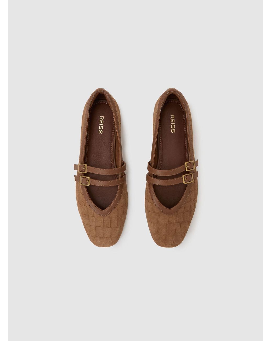 Reiss Brown Suede Croc-Embossed Ballet Flats