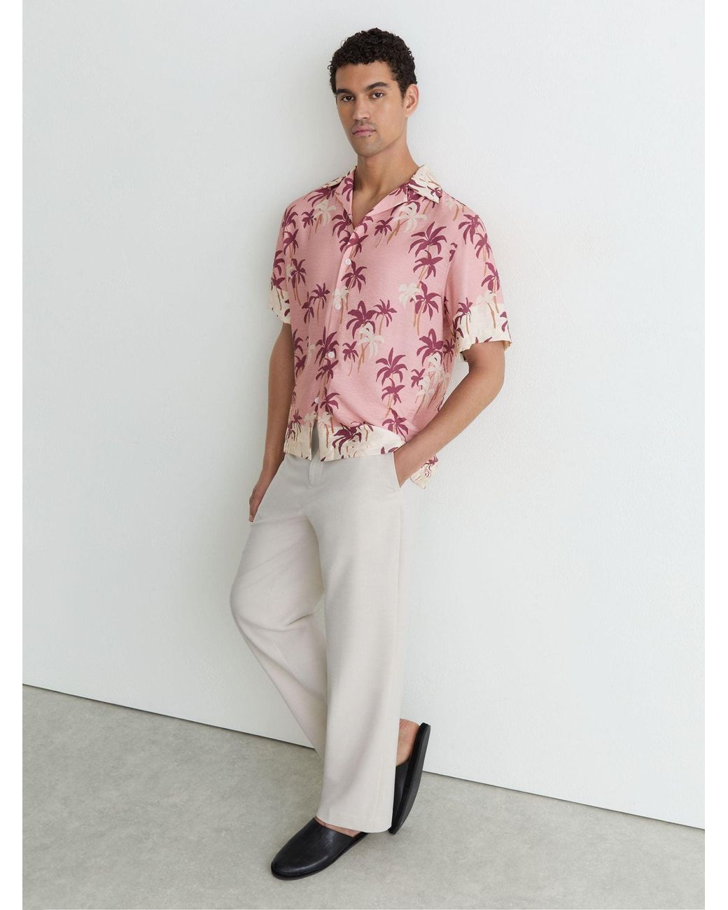 Reiss Pink Madrona Palm-Print Cuban-Collar Shirt for men