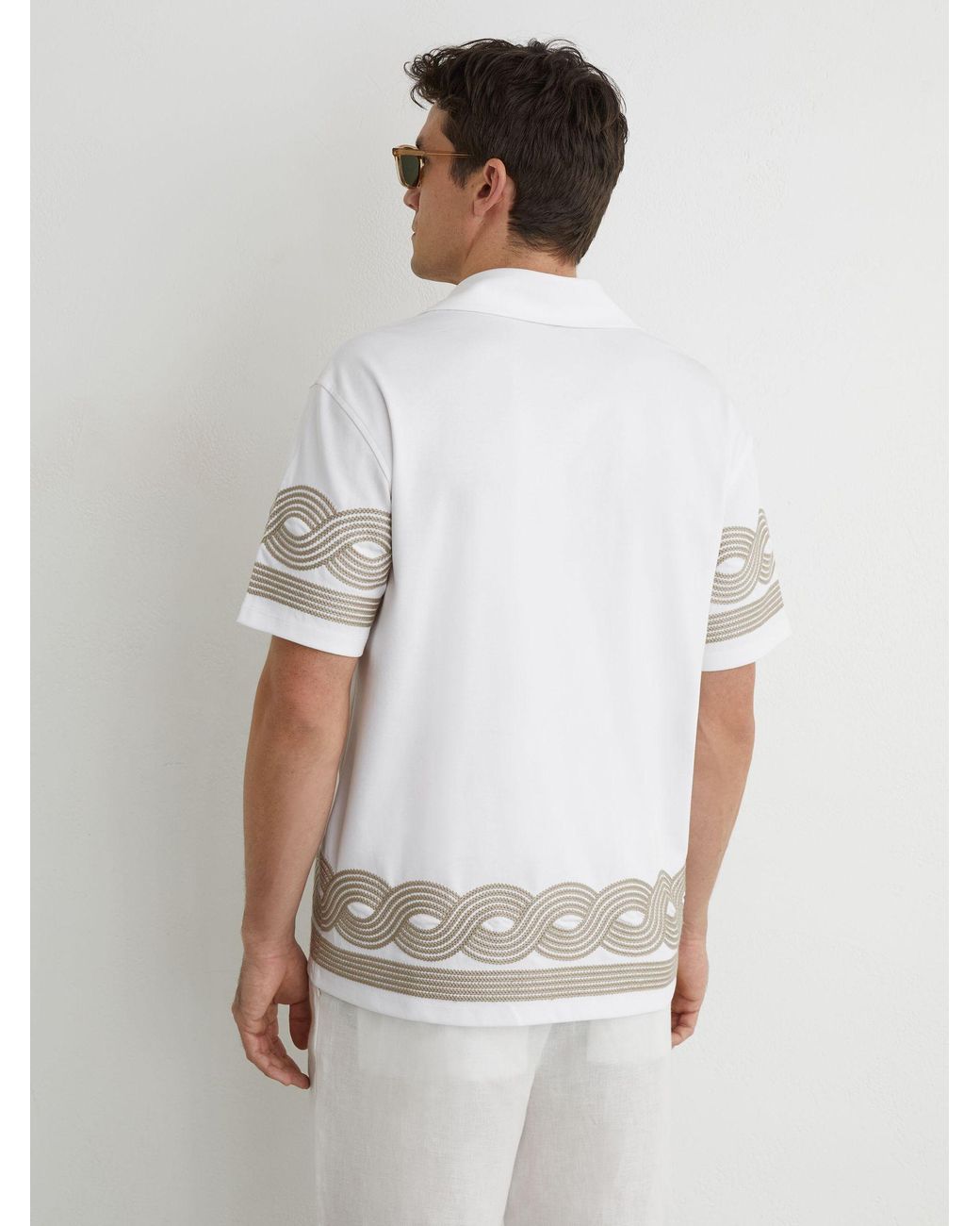 Reiss White Cotton-Blend Embroidered Cuban-Collar Shirt for men