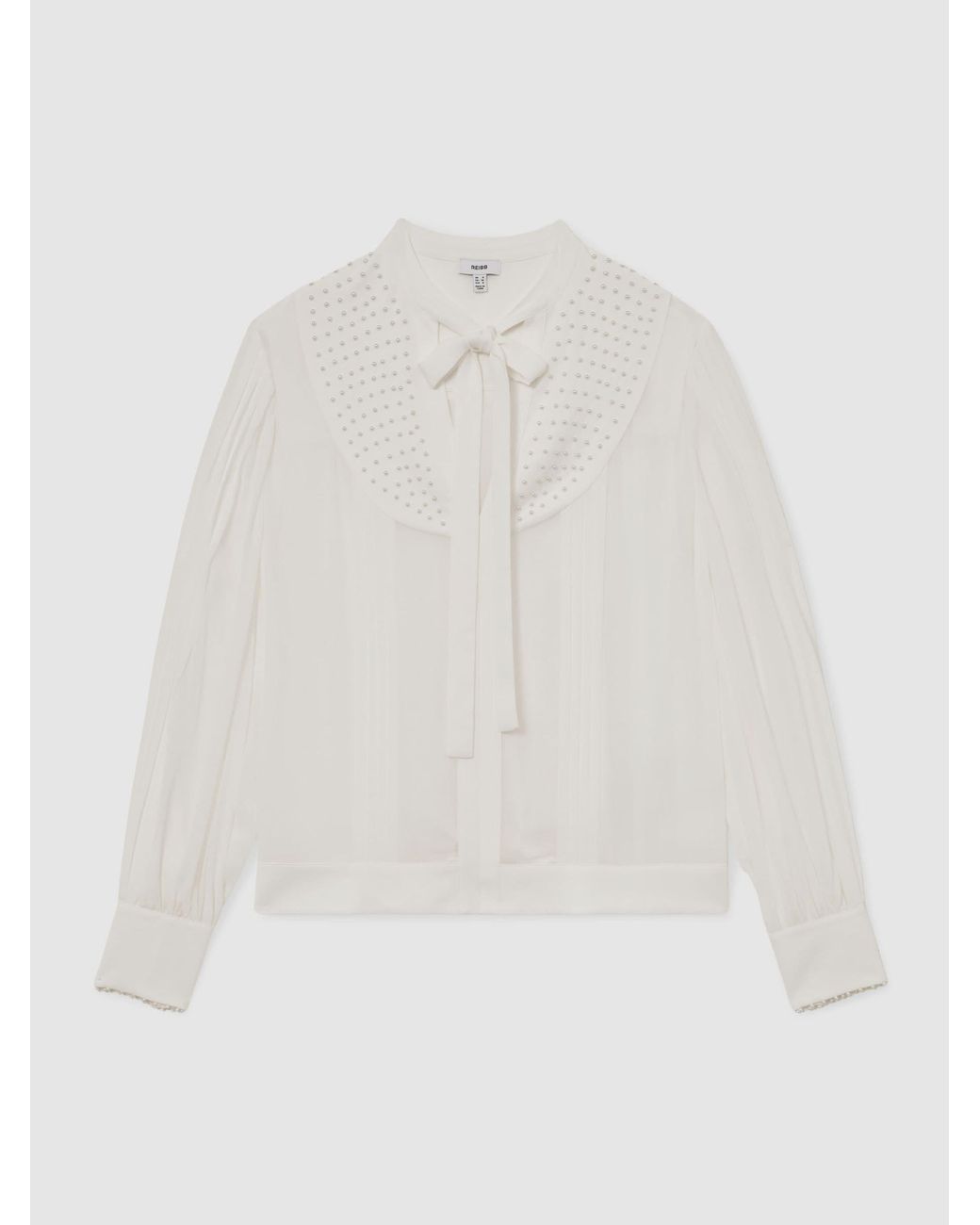 Reiss White Georgette Tie-Neck Beaded Blouse