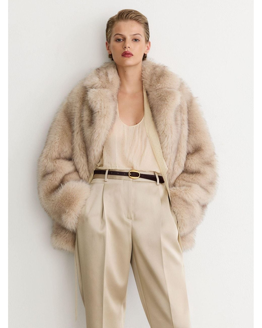 Reiss Natural Champagne Neutral Ellen Taper Petite Satin Single-Pleat Tapered Trousers