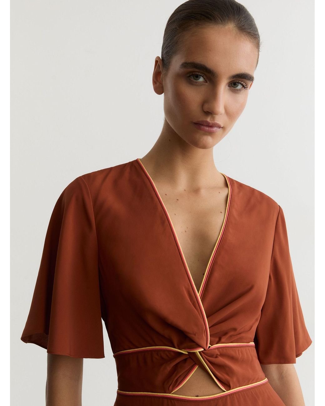 Reiss Brown Piped-Trim Cut-Out Midi Dress