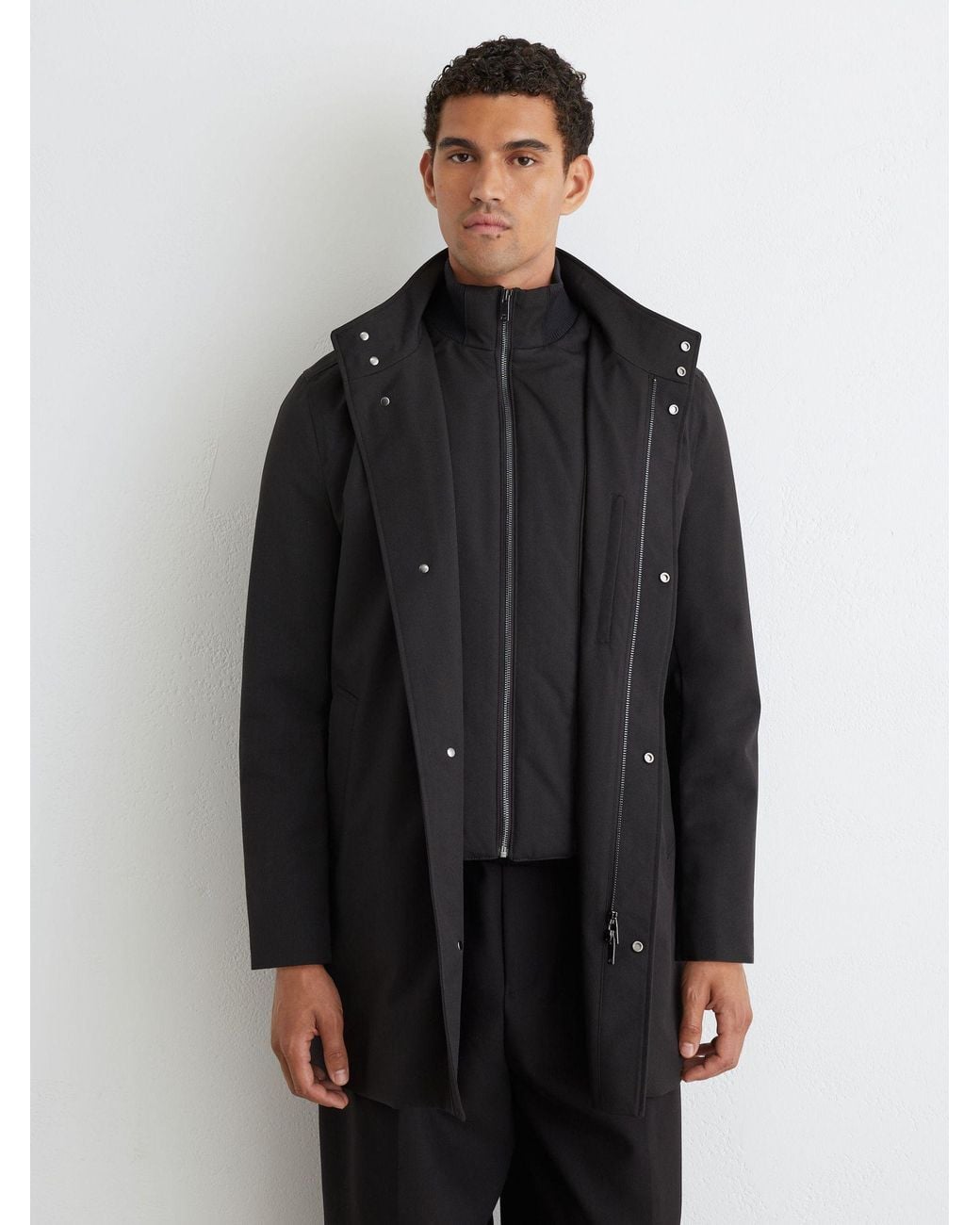 Reiss Flaye - Black Hybrid Gilet-insert Funnel-neck Overcoat, M for men