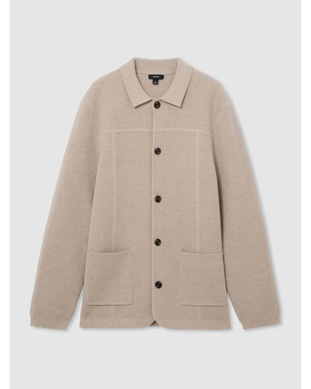 Reiss Natural Wool Collared Patch-Pocket Cardigan for men