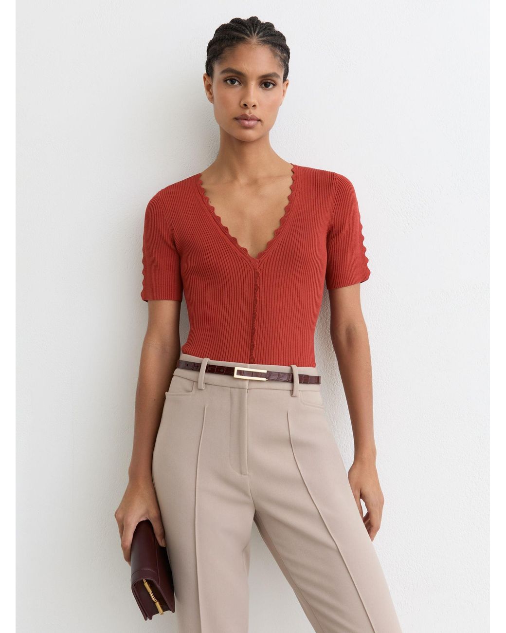 Reiss Red Scallop-Trim Rib-Knit Top