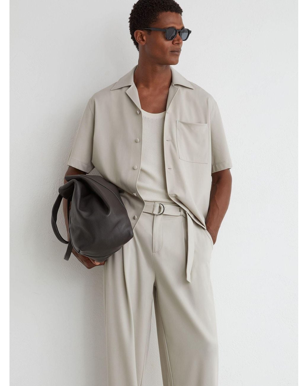 Reiss White Belted Relaxed-Fit Pleated Trousers for men