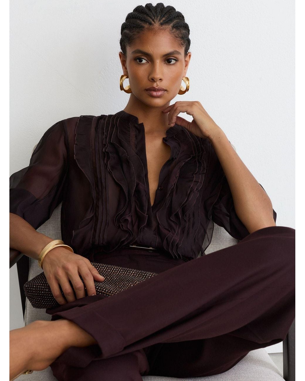 Reiss Brown Organza Frill-Detail Short-Sleeve Top With Silk