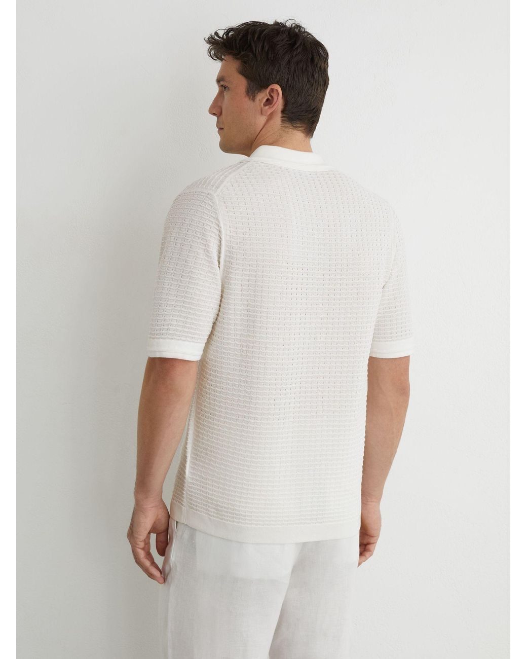 Reiss White Textured-Knit Button-Through Shirt for men