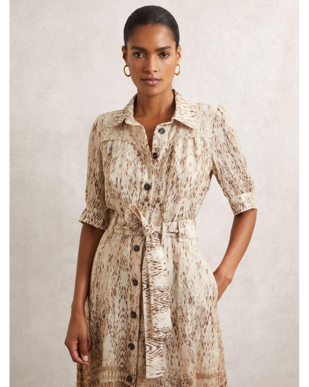 Reiss Natural Animal Print Belted Shirt Dress