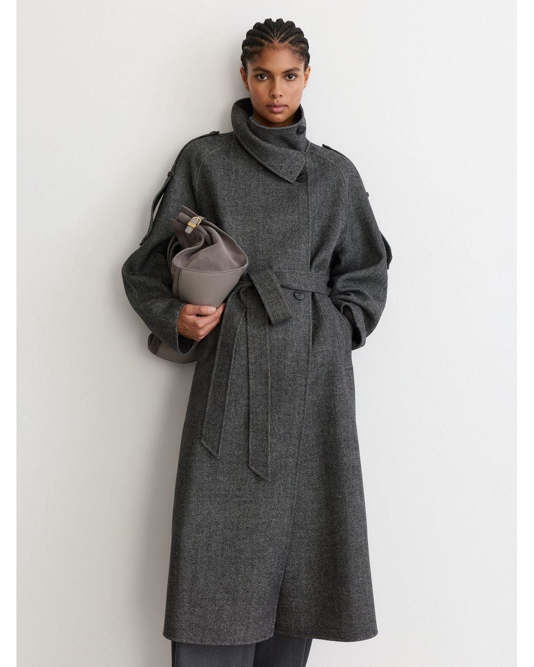 Reiss Gray Wool-Blend Herringbone Long Trench Coat