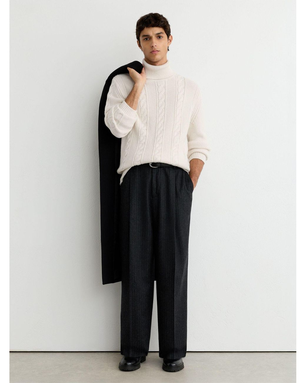 Reiss Gray Cable-Knit Roll-Neck Jumper With Wool for men