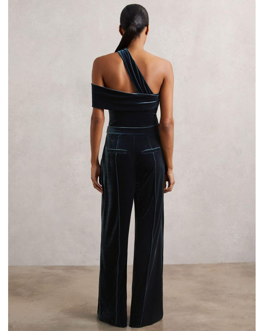 Reiss White Daria - Teal Green Velvet One-shoulder Wide-leg Jumpsuit, Us 14