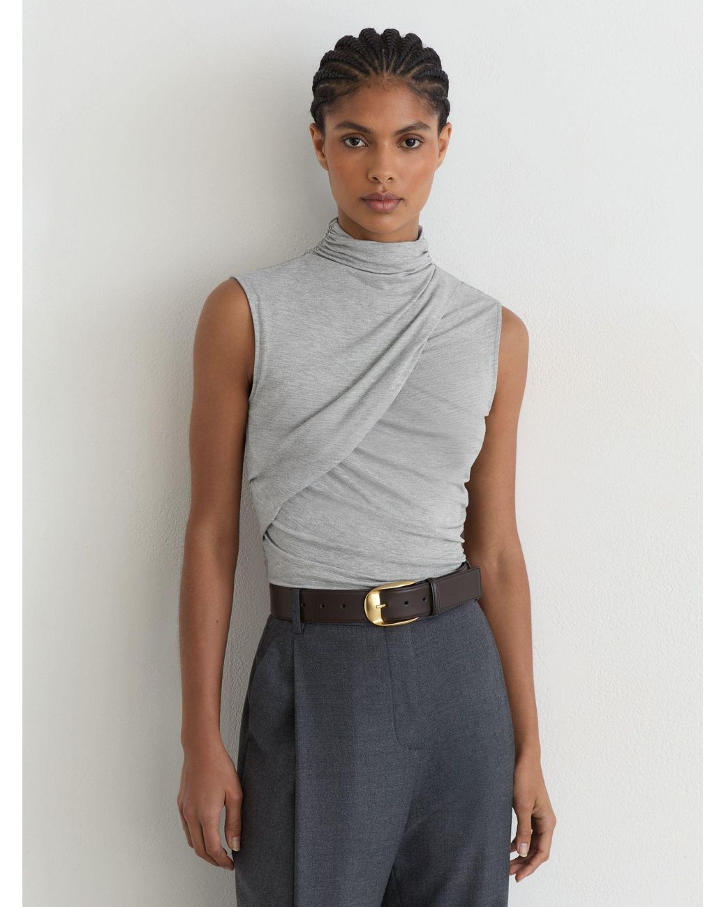Reiss Gray Ruched High-Neck Top