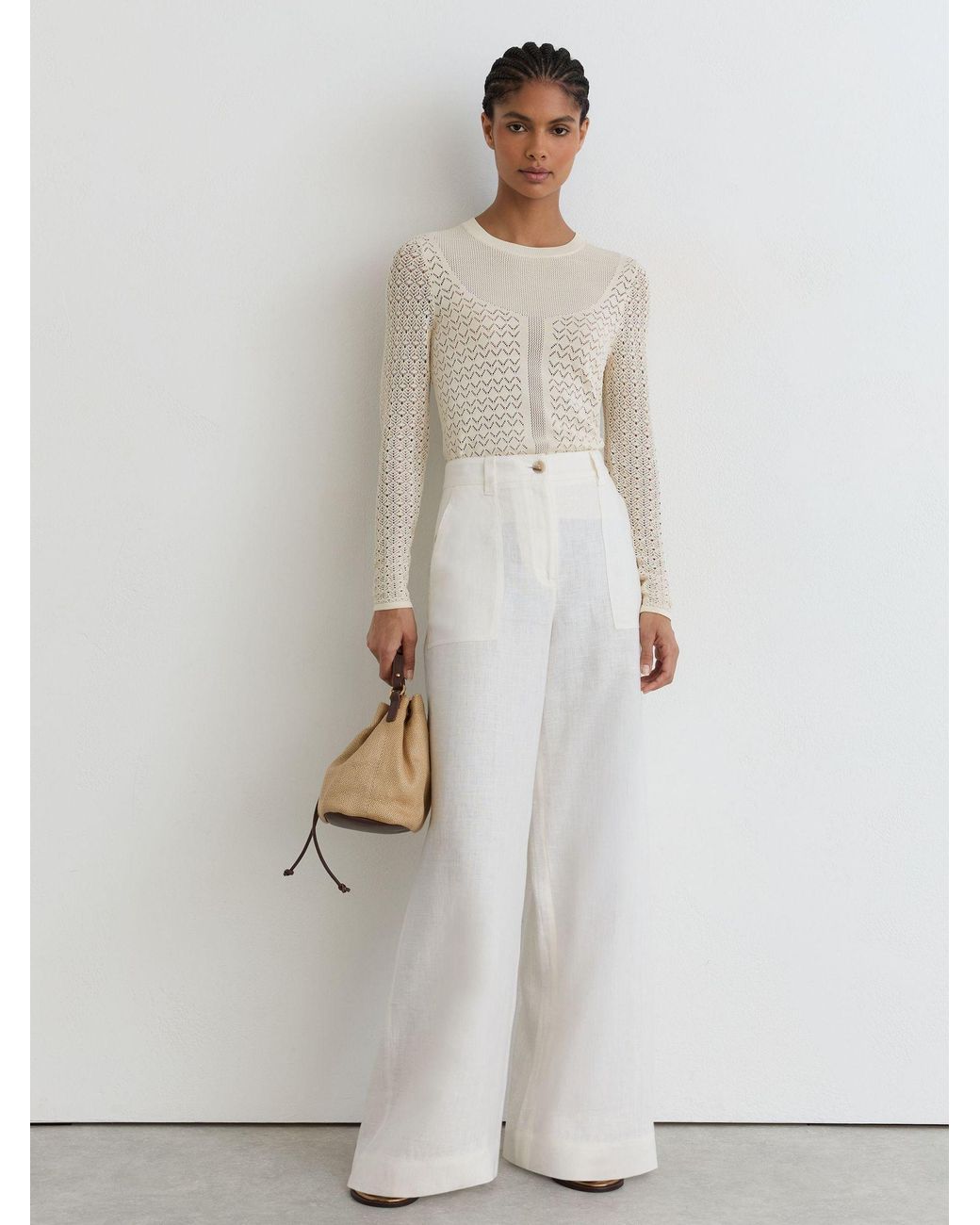 Reiss White Bella - Ivory Pointelle-knit Long-sleeve Top, M (us 8-10)