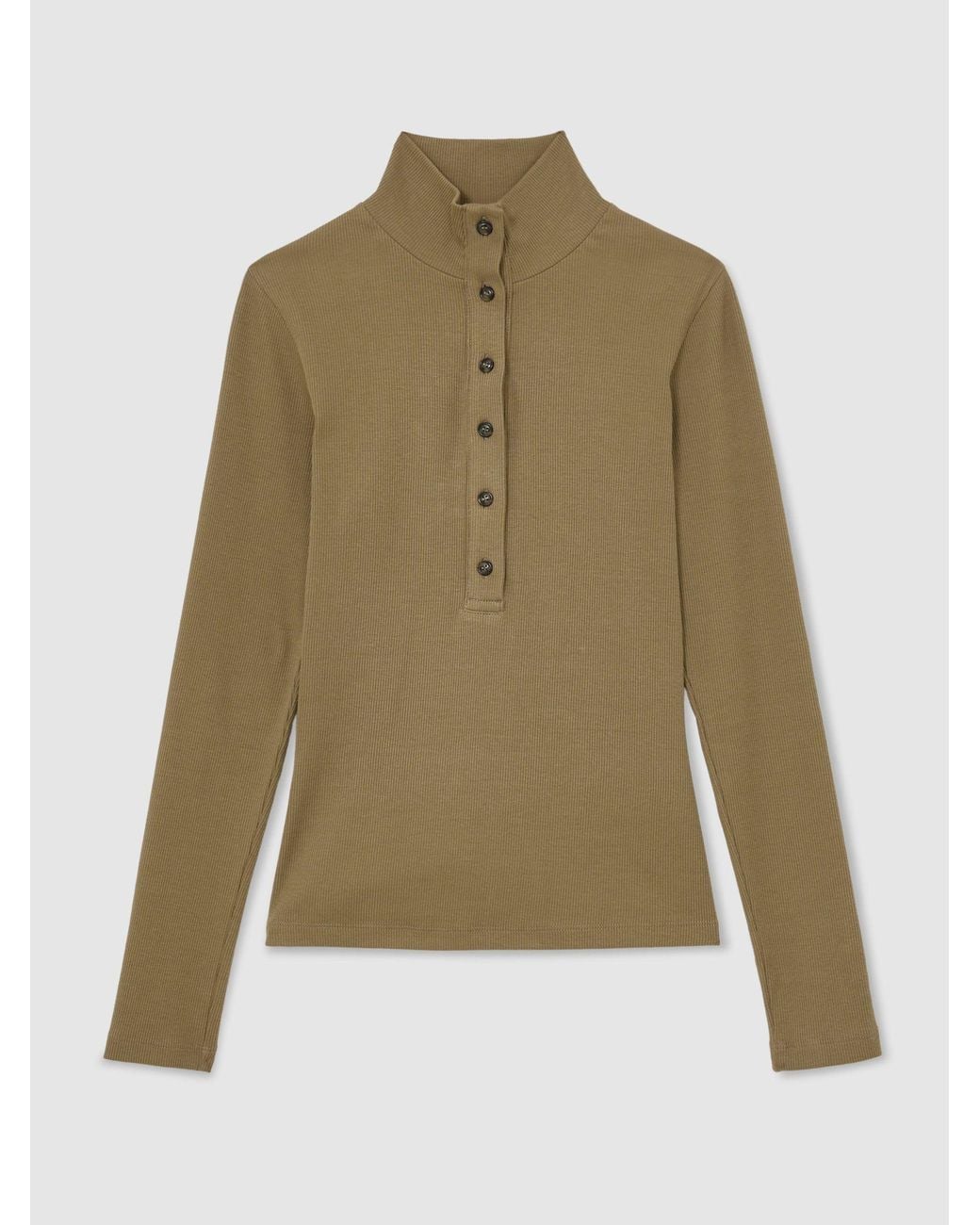 Reiss Blue Ida - Khaki Green Cotton-stretch Funnel-neck Top, Xl (us 16-18)
