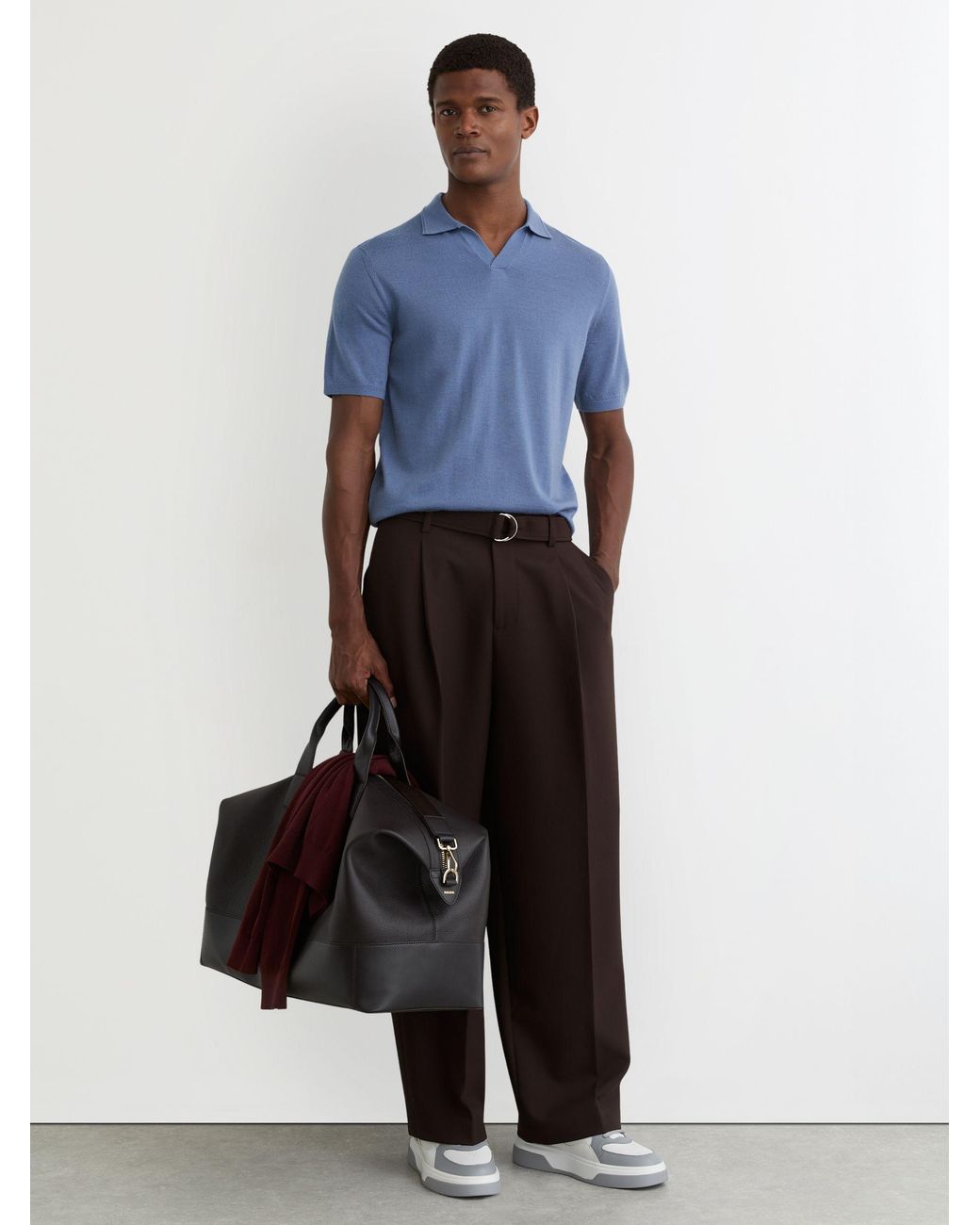 Reiss Blue Merino Wool Open-Collar Polo Shirt for men