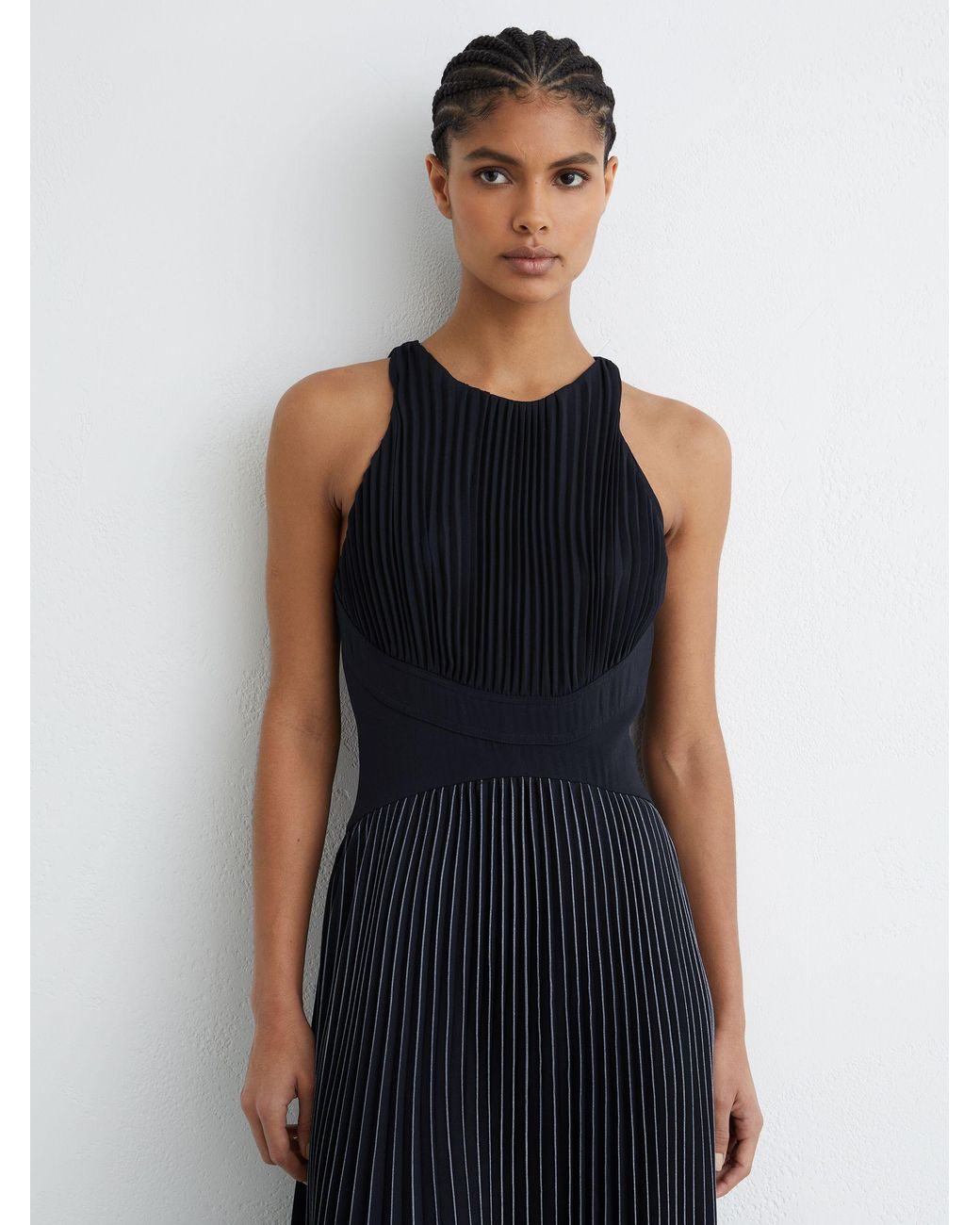 Reiss Black Pleated Sleeveless Midi Dress