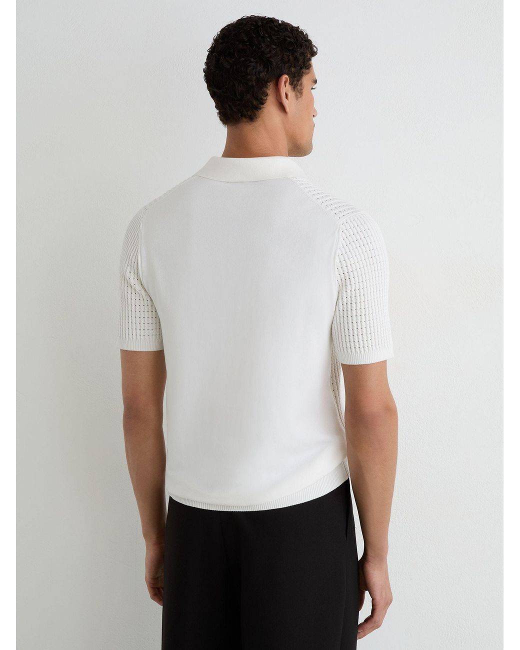 Reiss White Micro-Cable Knit Open-Collar Polo for men