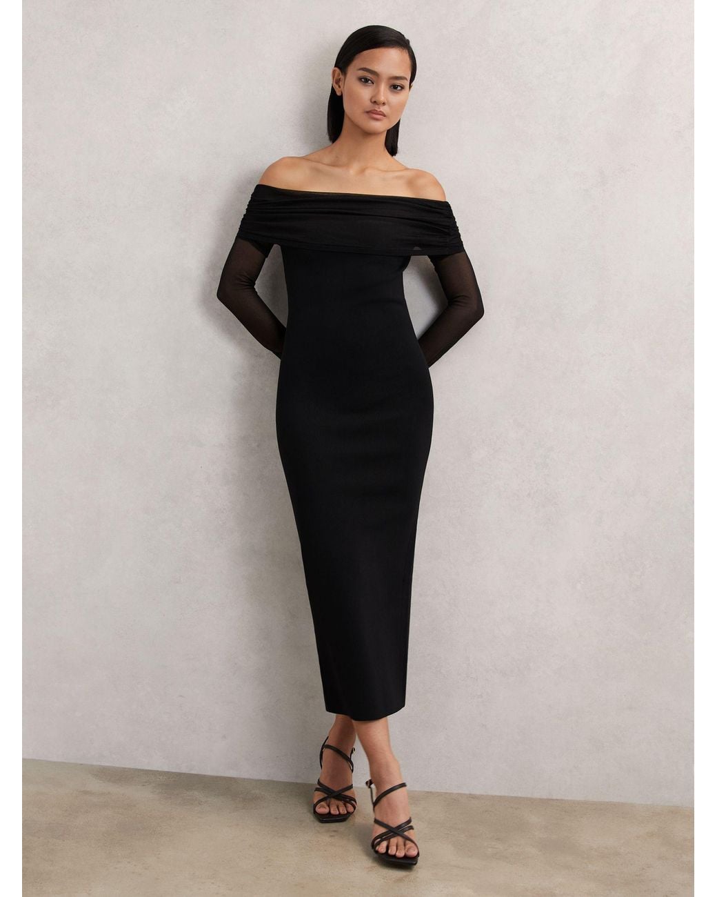 Reiss Black Sheer-Sleeve Knit Midi Dress
