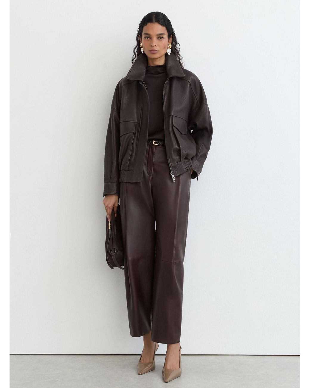 Reiss Brown Maeve Ebony Leather Twin-Pocket Relaxed Jacket, Dark