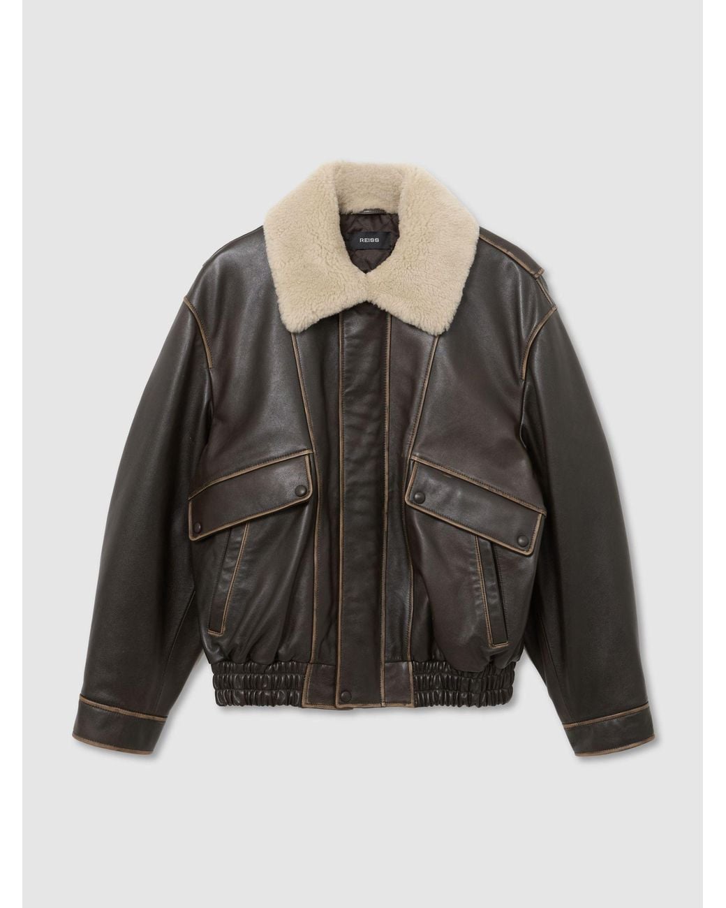 Reiss Blue Leather Shearling-Collar Aviator Jacket for men