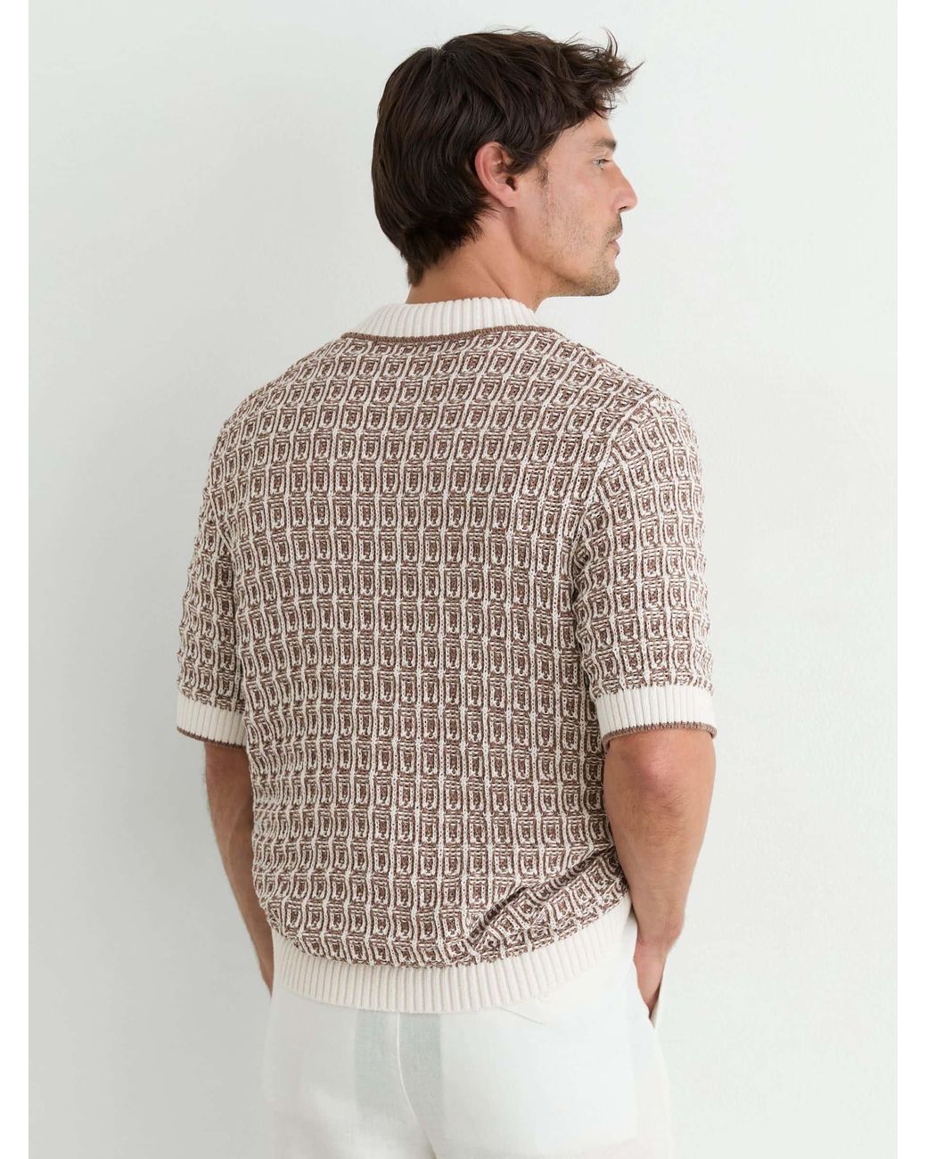 Reiss White Tobacco & Ecru Cotton-Blend Geometric-Knit Shirt for men