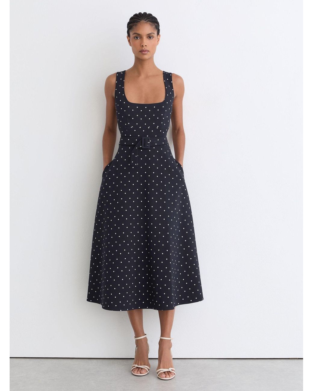 Reiss Blue Polka Dot-Print Belted Midi Dress