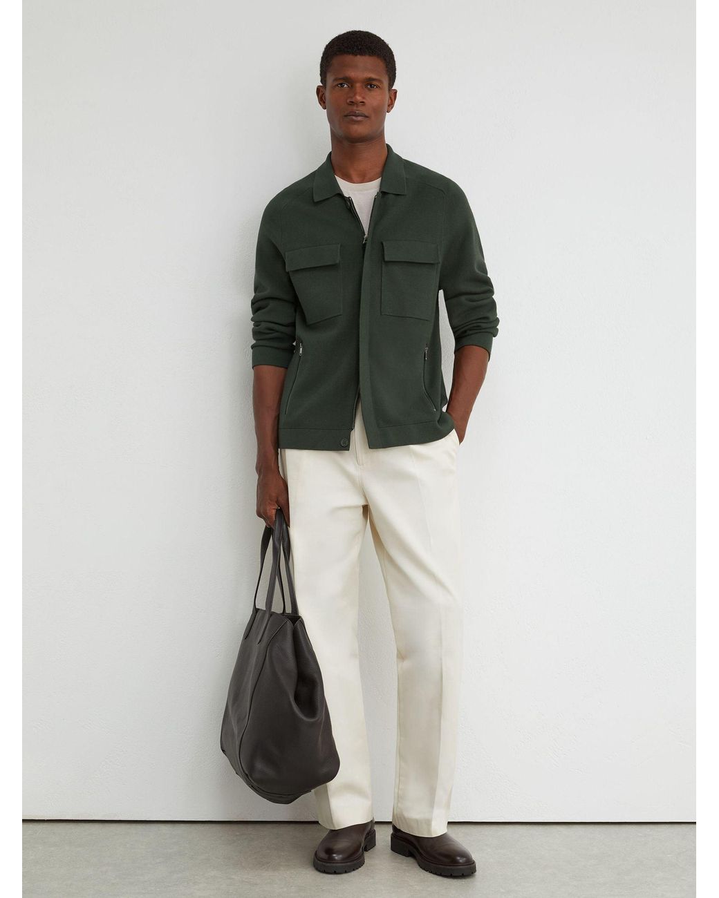Reiss Green Twin-Pocket Concealed-Placket Knitted Jacket for men