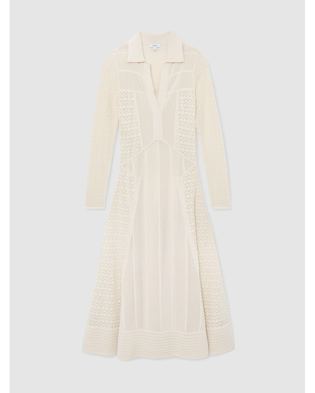 Reiss White Pointelle-Knit Panelled Midi Dress