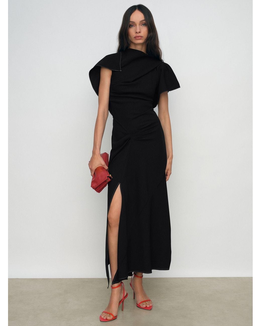 Reiss Black Asymmetric Draped Midi Dress