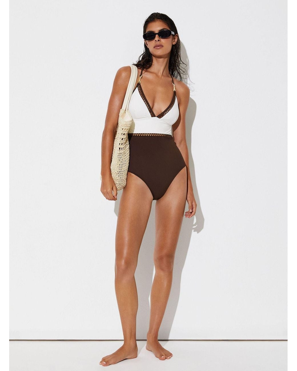 Reiss White Chocolate Colour-Block Lattice-Trim Swimsuit