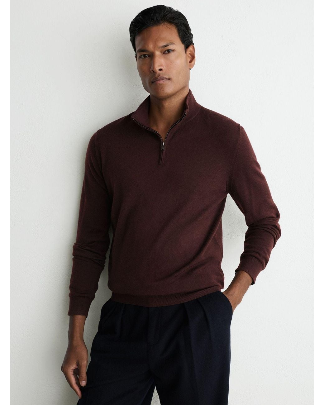Reiss Brown Merino Wool Half-Zip Jumper for men