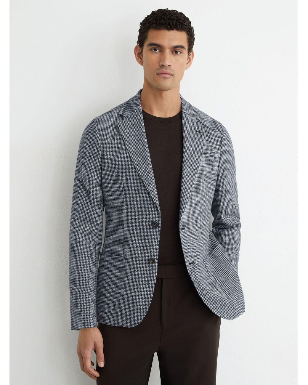 Reiss Gray Houndstooth Single-Breasted Blazer Cotton-Blend Tailored-Fit for men