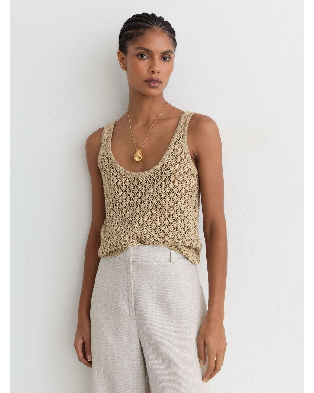 Reiss Green Colette - Neutral Linen Open-stitch Knitted Vest, Xs (us 2)