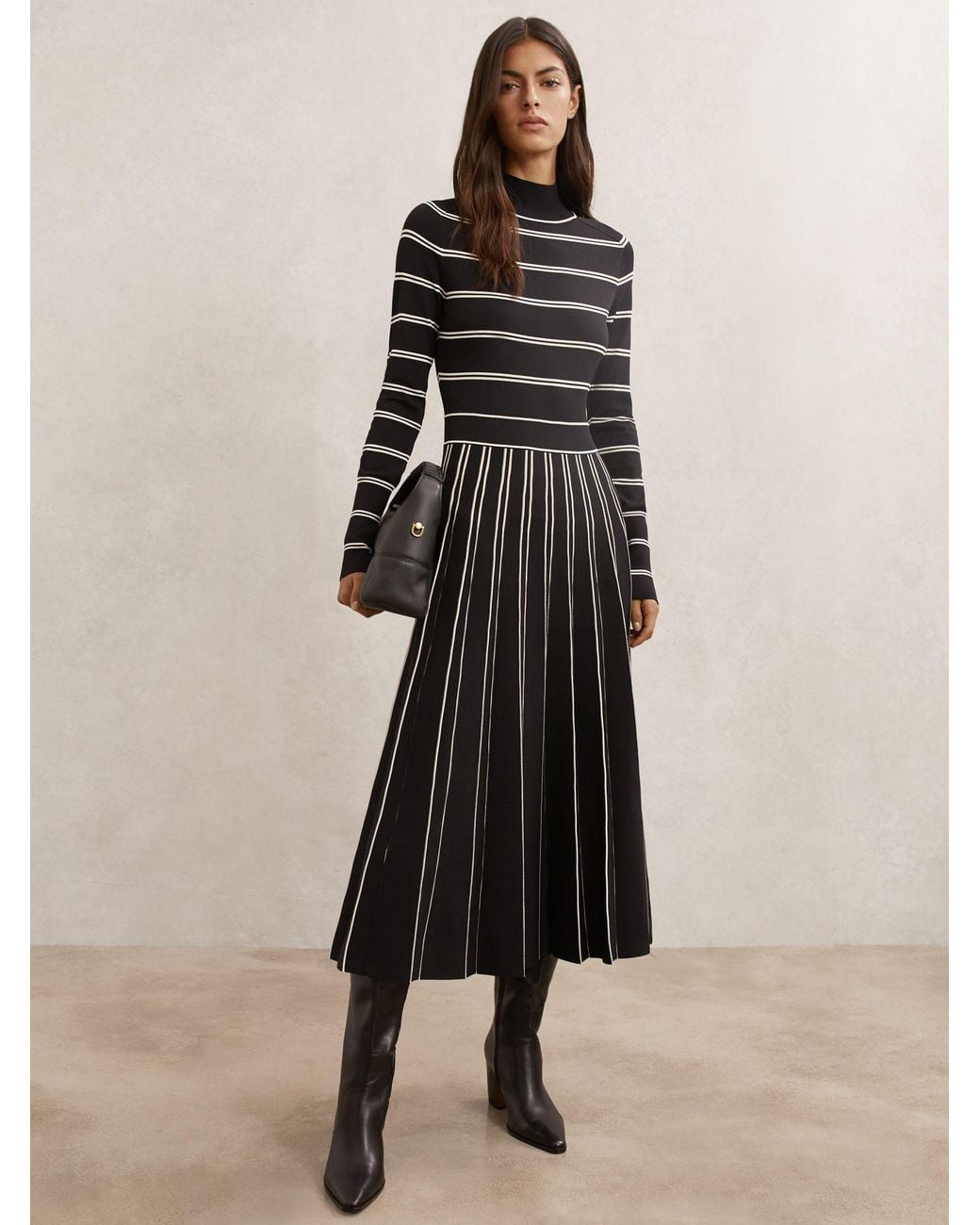 Reiss Natural Stripe Pleated Knitted Midi Dress