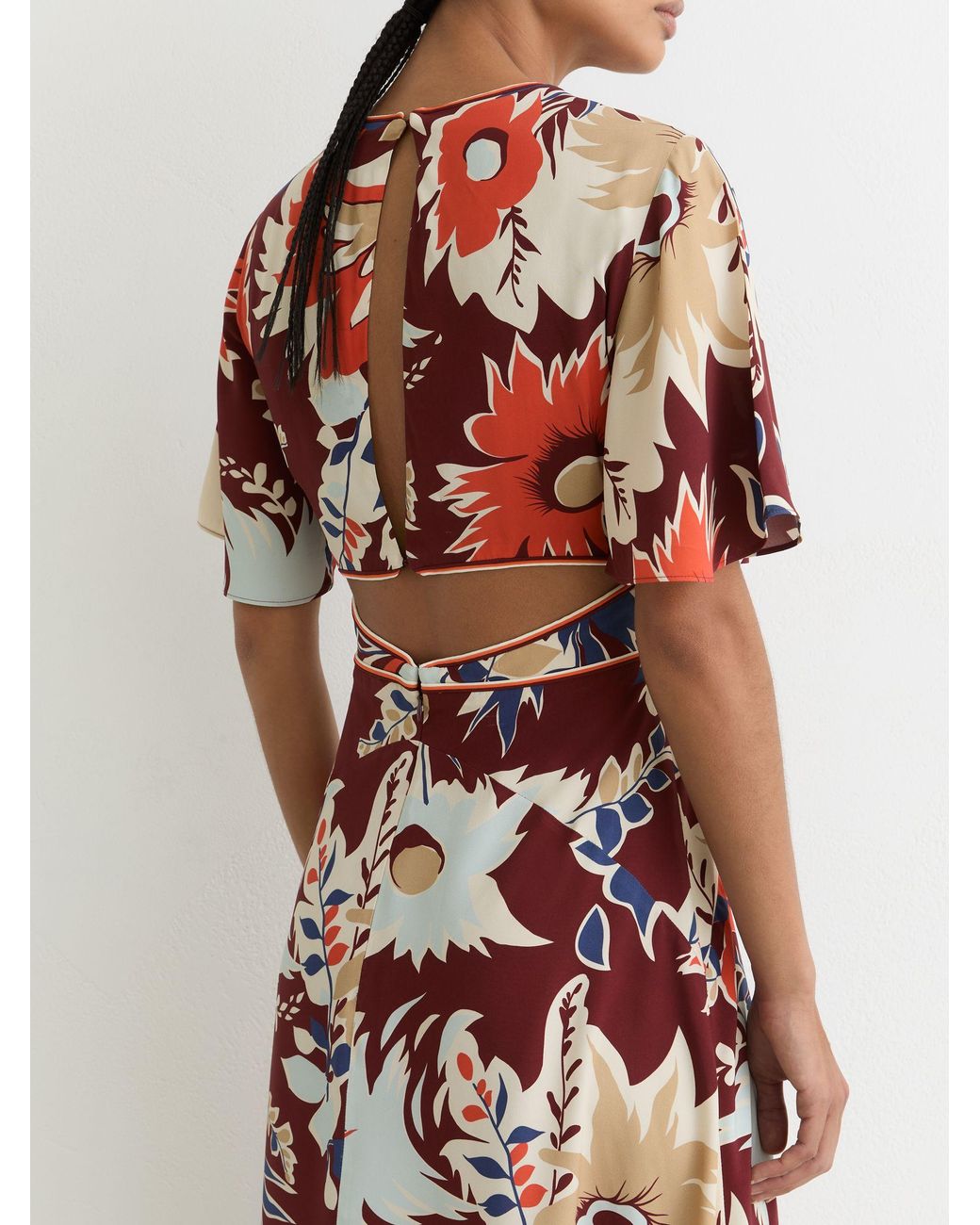 Reiss White Floral-Print Cut-Out Midi Dress