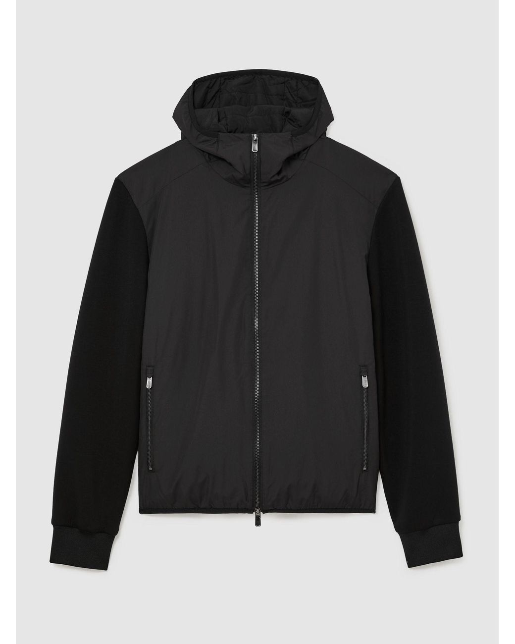 Reiss Black Interlock Hybrid Zip-Through Hooded Jacket for men