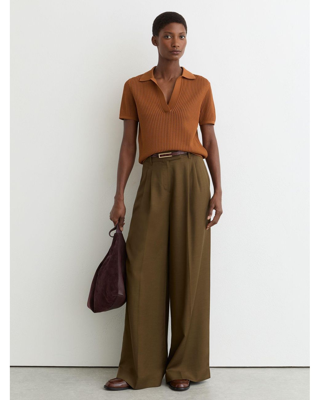 Reiss Brown Open-Stitch Knitted Polo Top
