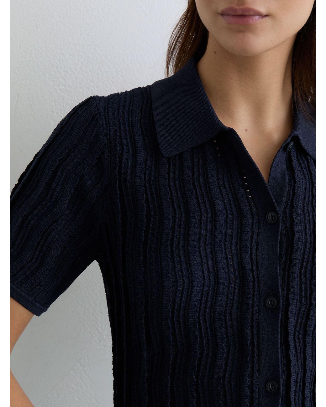 Reiss Blue Stitch-Detail Short-Sleeve Knitted Shirt