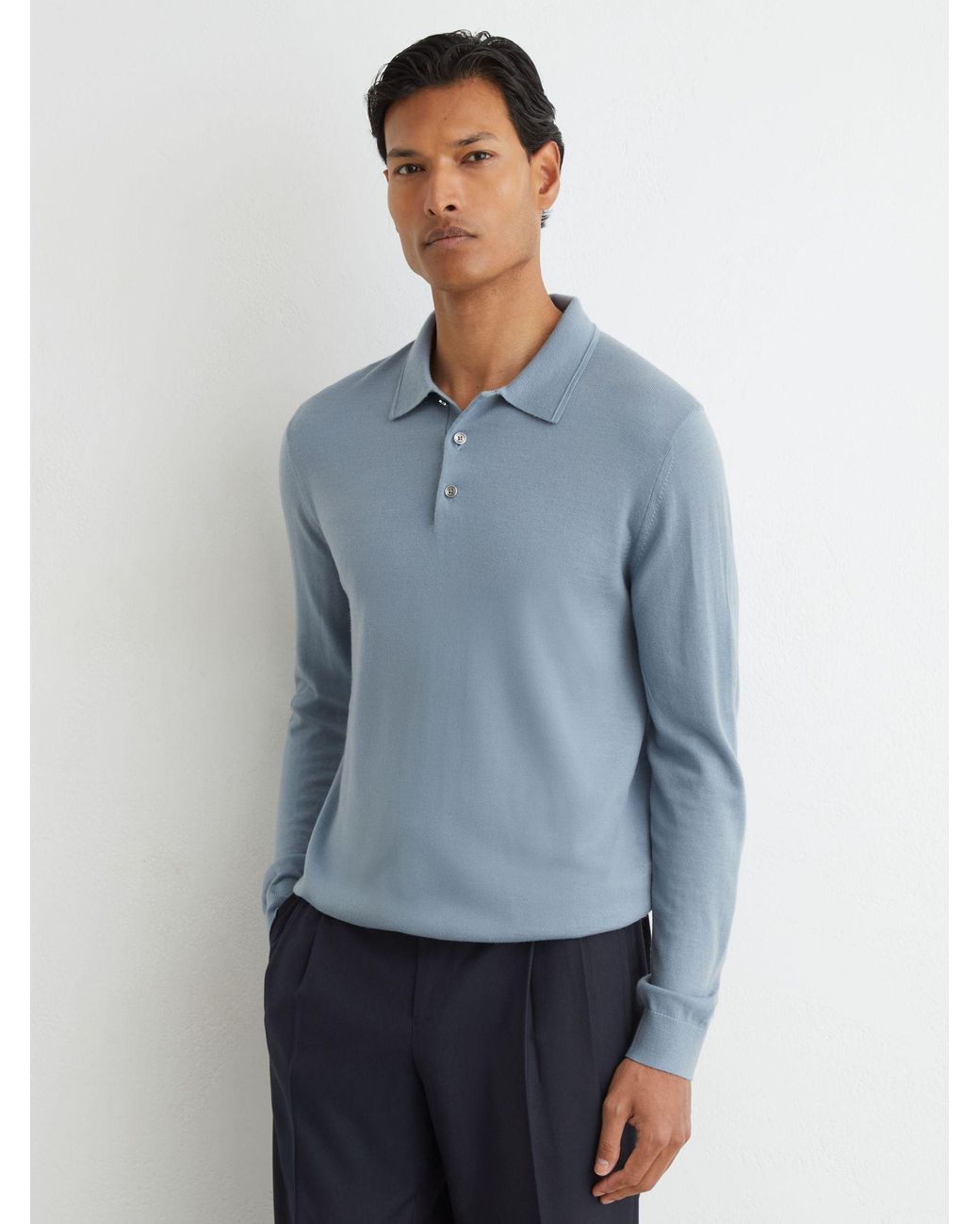 Reiss Blue Merino Wool Long-Sleeve Polo Shirt for men