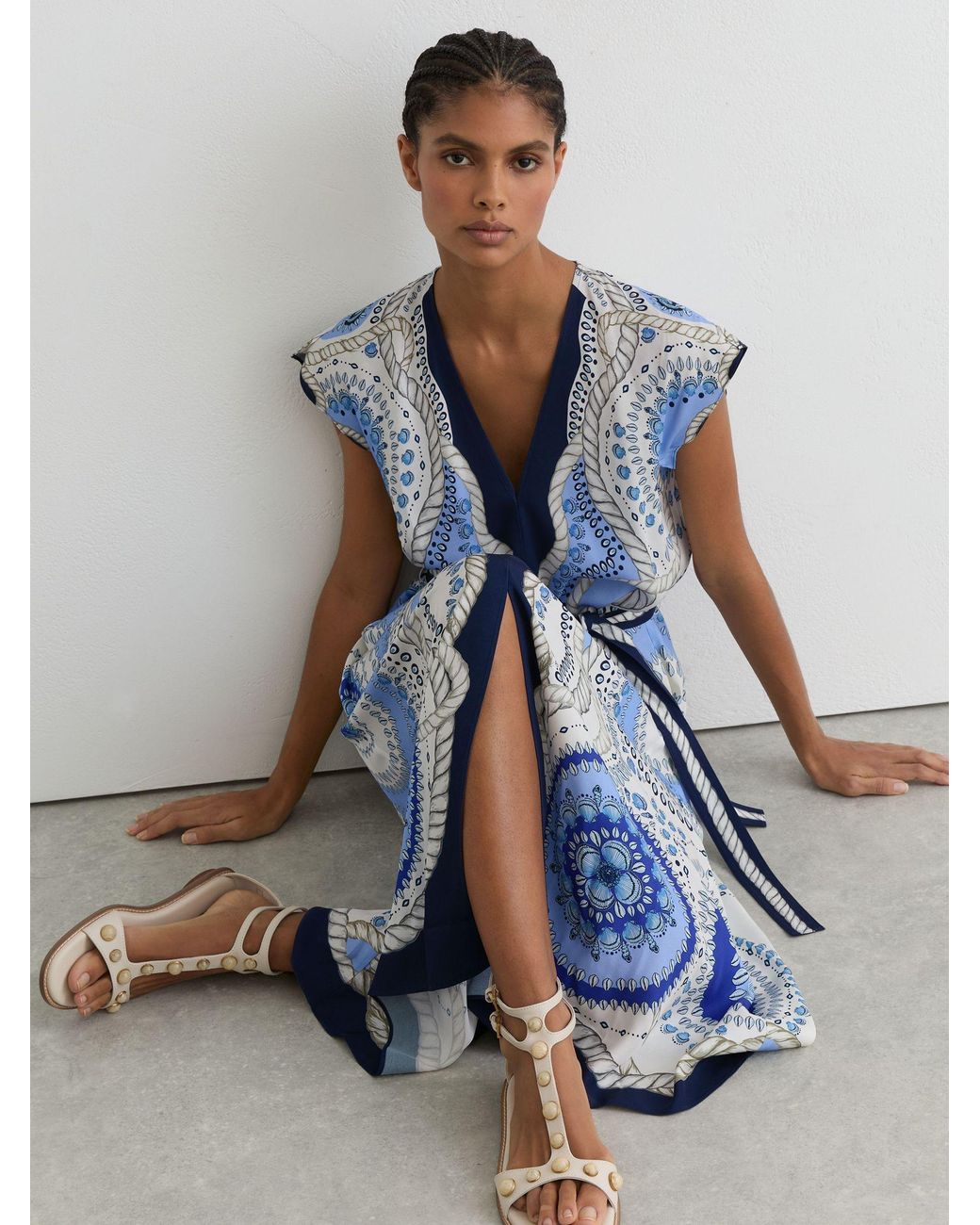 Reiss Heidi - Ivory/blue Scarf-print Belted Midi Dress, Us 14