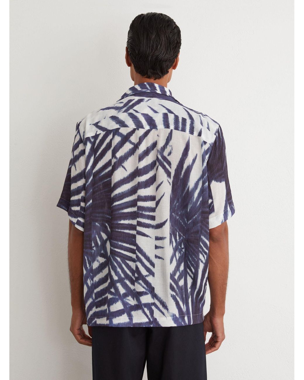 Reiss Blue Shindora - Navy/white Plissé Printed Cuban-collar Shirt, L for men