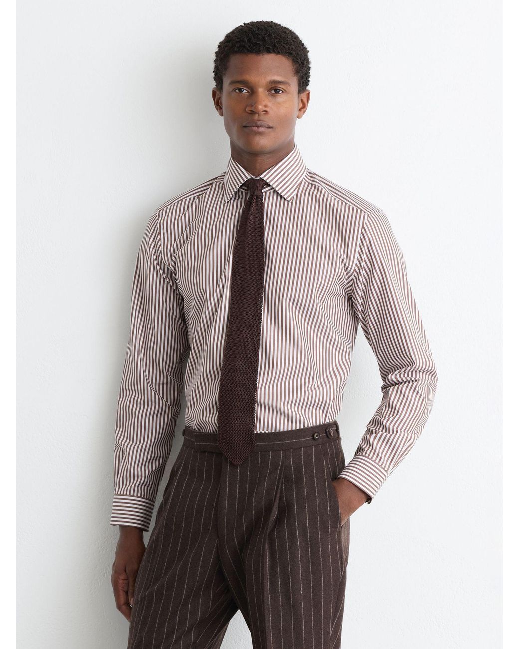 Reiss Black Dark & Off Cotton Striped Cutaway-Collar Shirt Regular-Fit for men