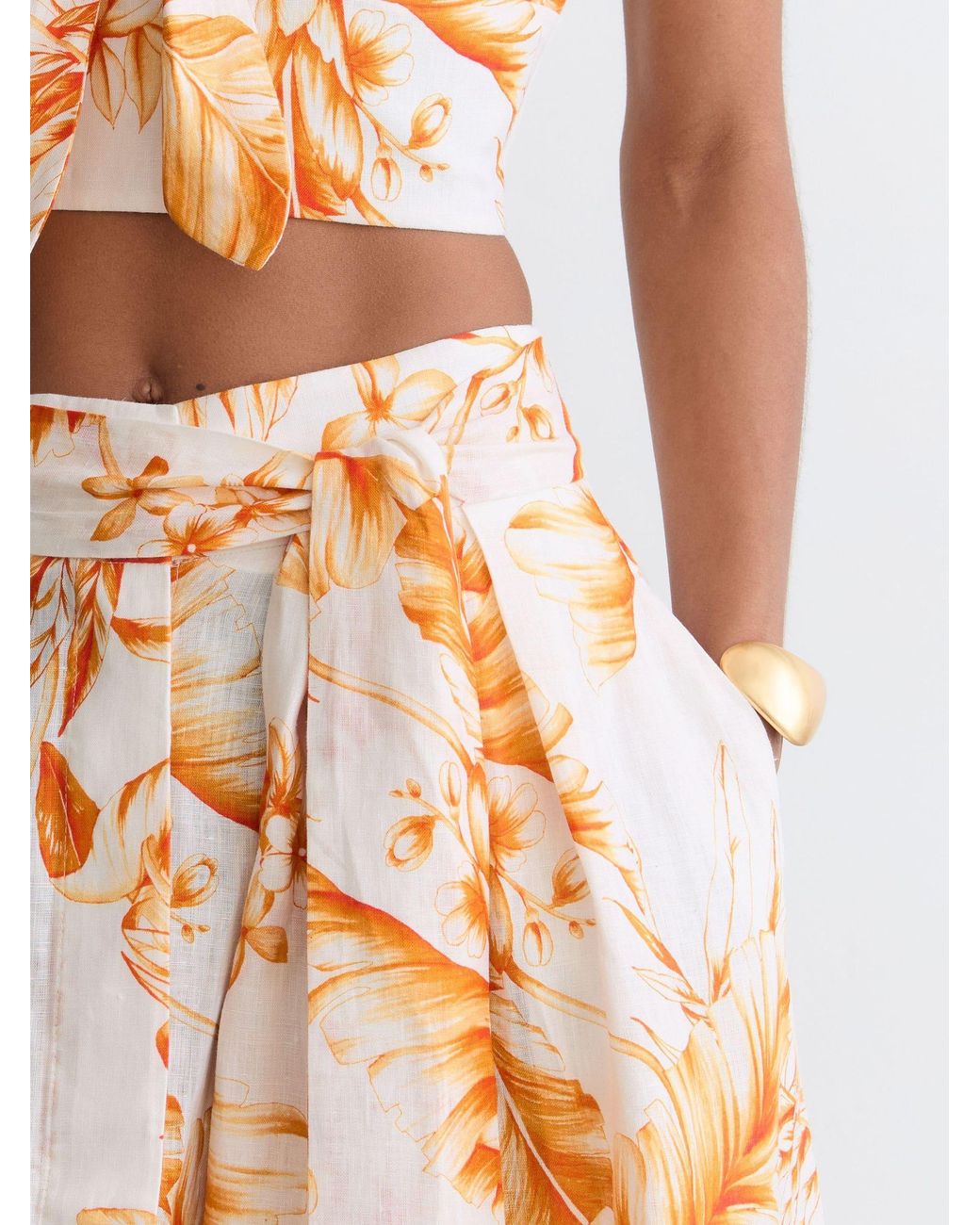 Reiss Pink Linen Floral-Print Maxi Skirt